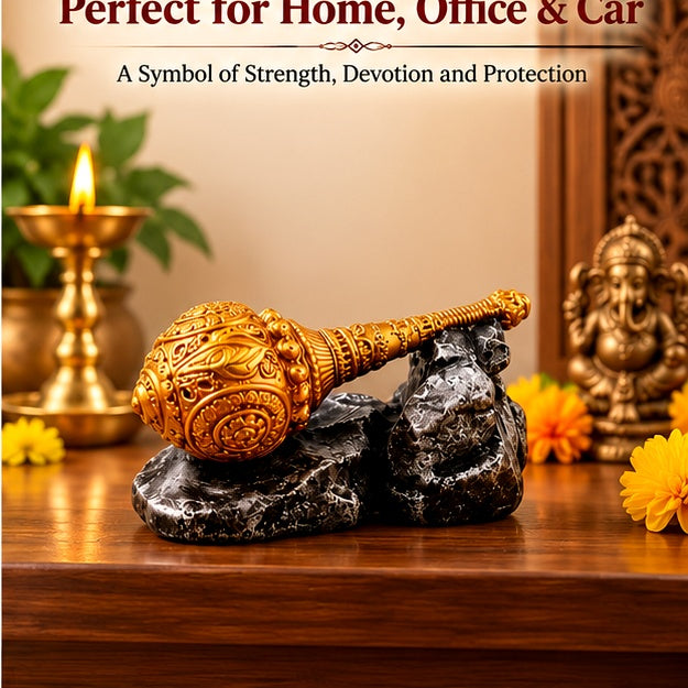 Golden Hanuman gada showpiece styled in a home mandir setting