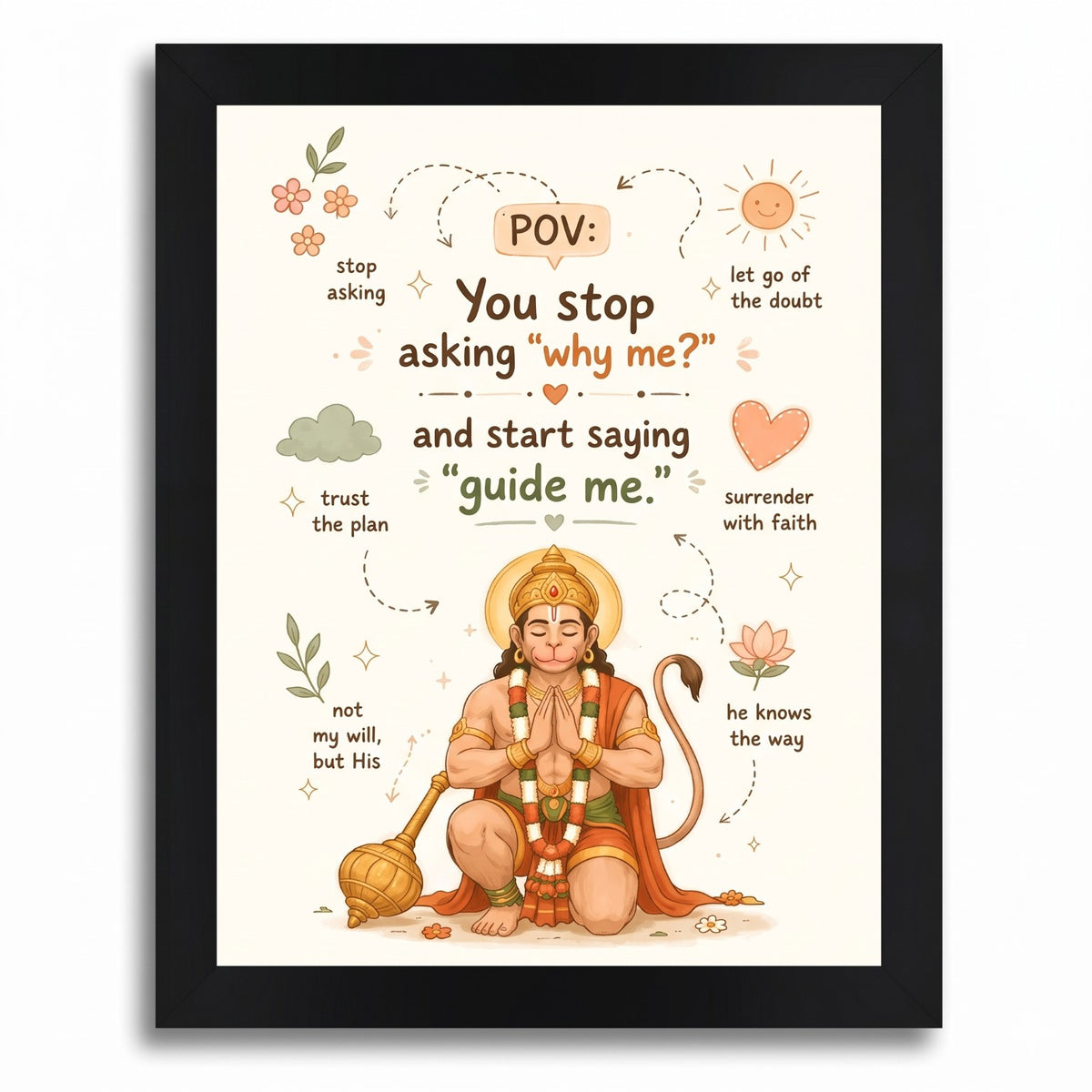 Black framed Lord Hanuman devotional artwork with the message You stop asking why me and start saying guide me