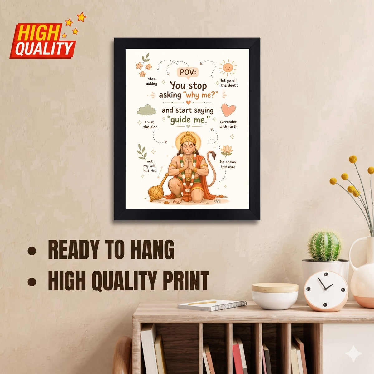 Lord Hanuman inspirational framed wall art in a styled home interior