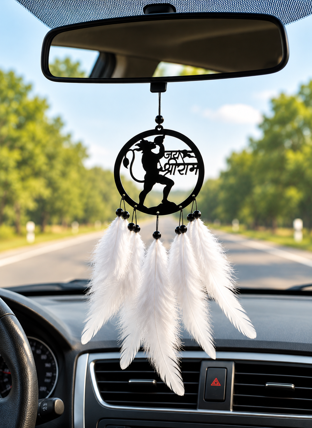 Hanuman Ji Jai Shri Ram feather car hanging shown on a car rearview mirror