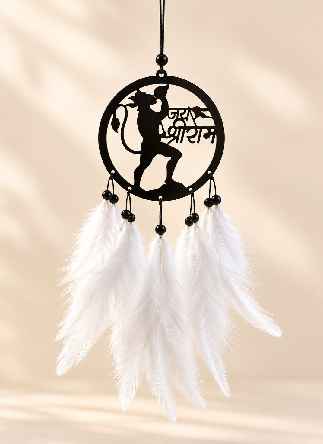 Hanuman Ji Jai Shri Ram black car hanging with white feathers, studio product image