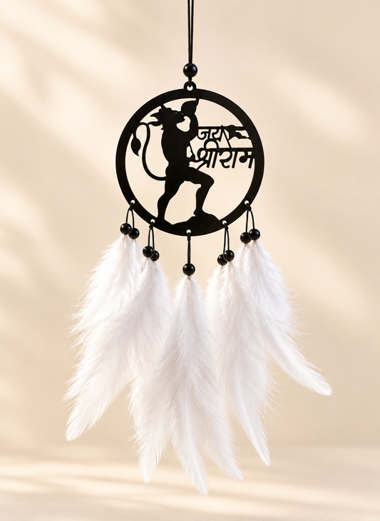 Hanuman Ji Jai Shri Ram black car hanging with white feathers, studio product image