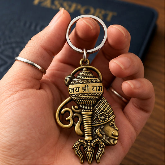 Antique gold-finish Jai Shri Ram Hanuman keychain, main product view
