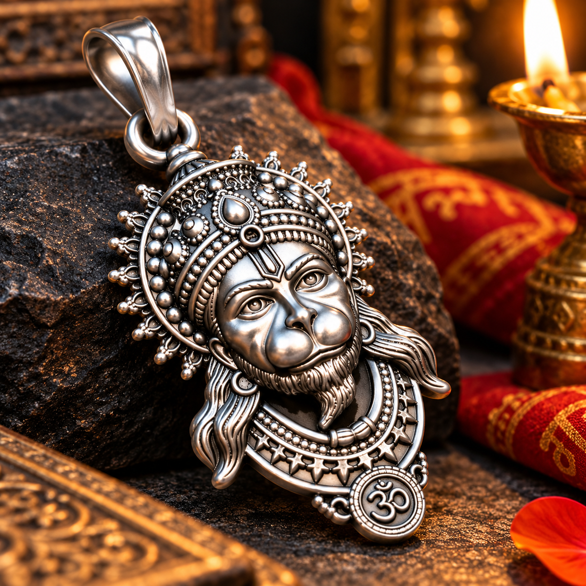 Single antique silver-tone Shri Hanuman pendant, angled view