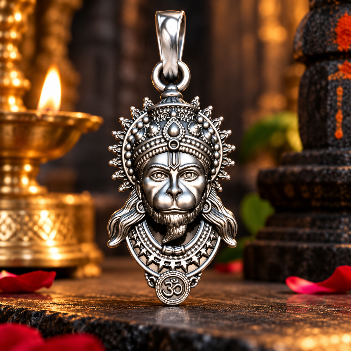 Single antique silver-tone Shri Hanuman pendant, front view