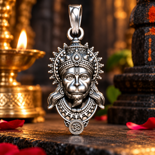 Single antique silver-tone Shri Hanuman pendant, front view