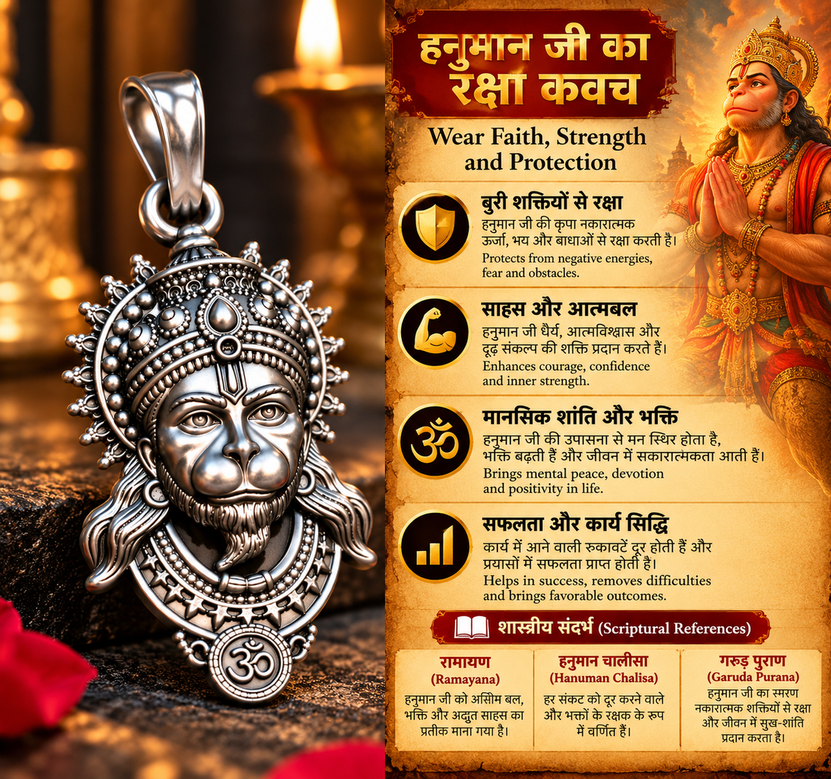 Hindi and English devotional significance infographic for Shri Hanuman pendant