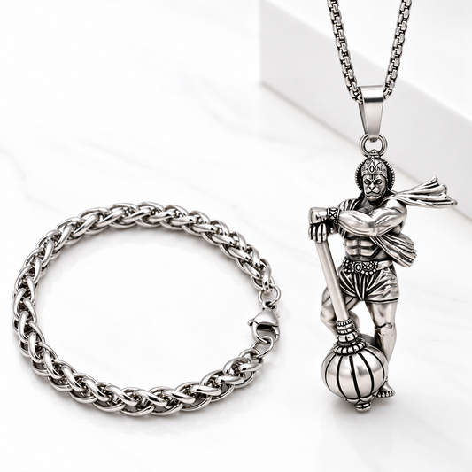 Actual product view showing a silver-tone Lord Hanuman pendant necklace paired with a matching interwoven chain bracelet on a clean white background