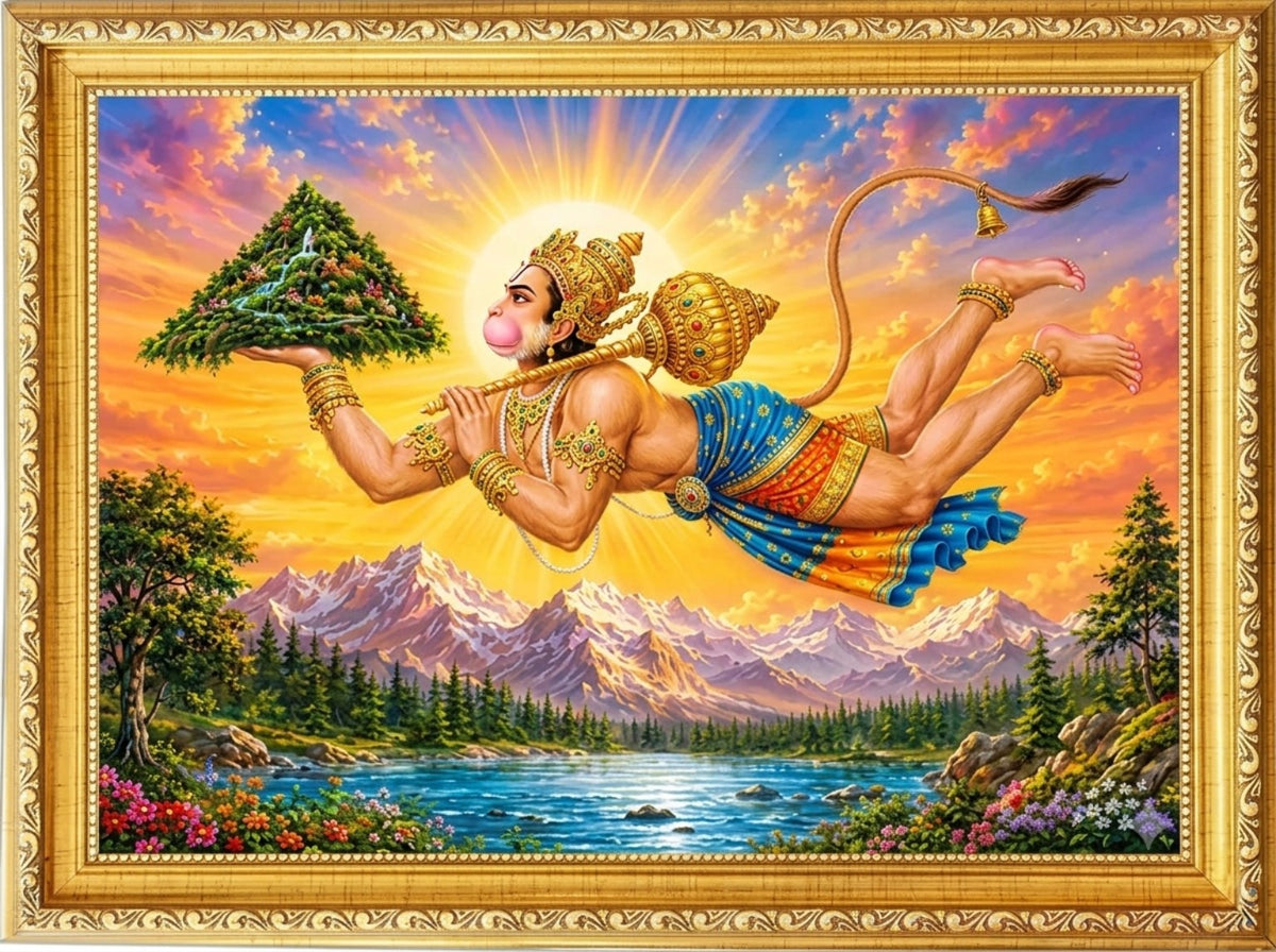 Lord Hanuman carrying the Sanjeevani mountain in an ornate golden landscape photo frame