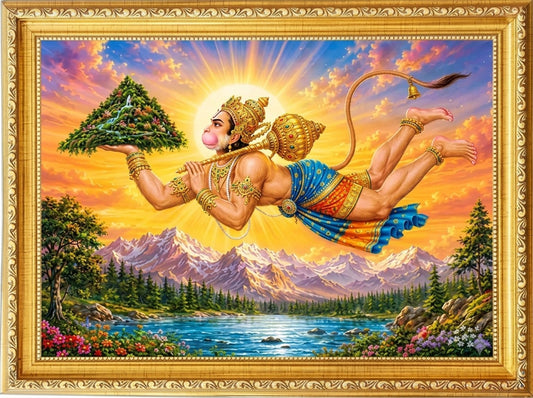 Lord Hanuman carrying the Sanjeevani mountain in an ornate golden landscape photo frame