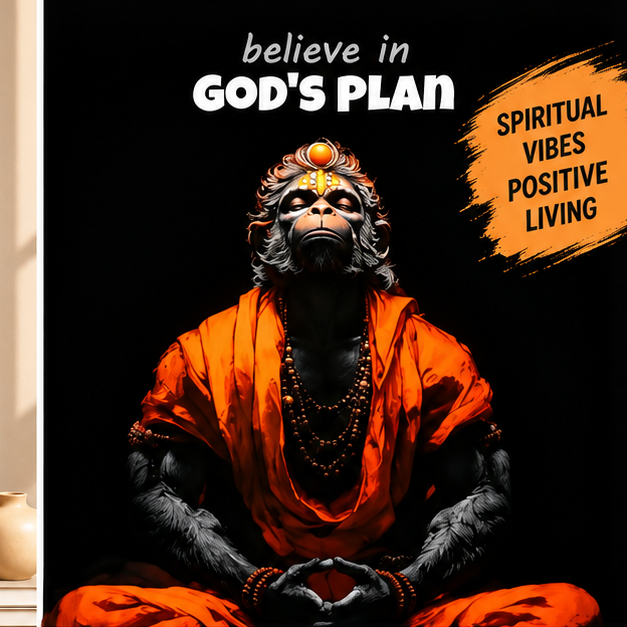 Close-up of Baby Hanuman inspirational quote artwork with God’s Plan message