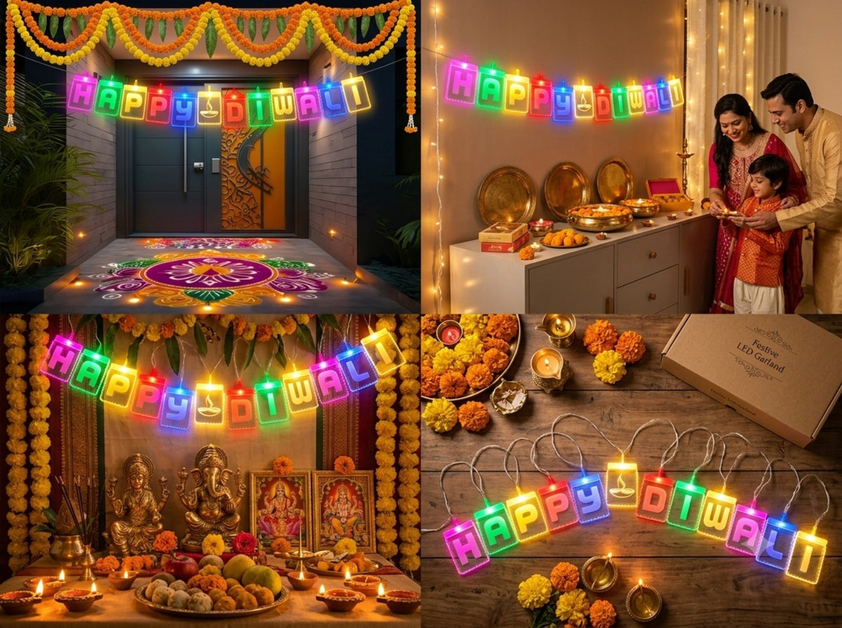 Four-scene collage showing a colourful Happy Diwali illuminated banner at an entrance, home celebration, pooja area, and on a table