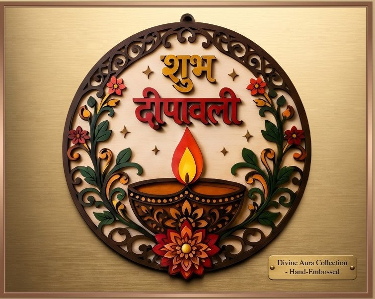 Close-up of the decorative Shubh Deepawali wall hanging showing the diya and colourful floral pattern