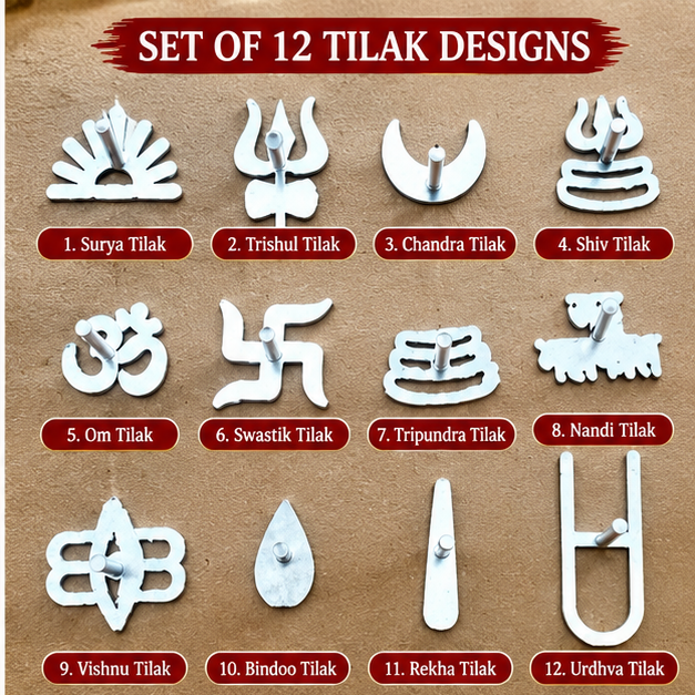 Close-up of 12 traditional tilak designs