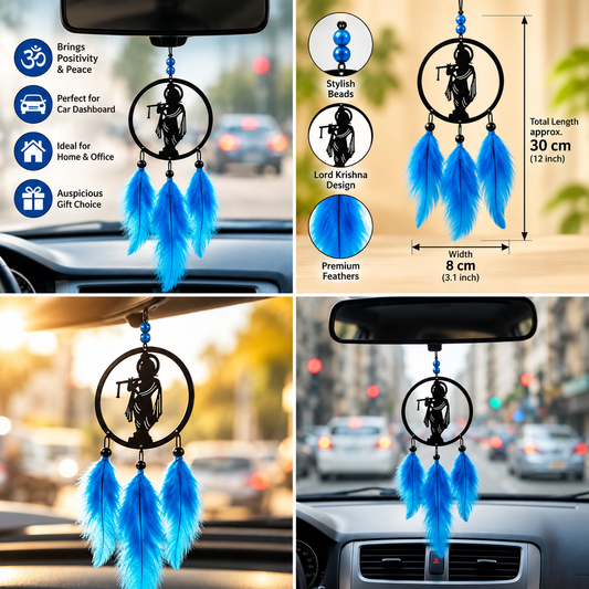 Four-in-one advertisement collage of Krishna car hanging with blue feathers