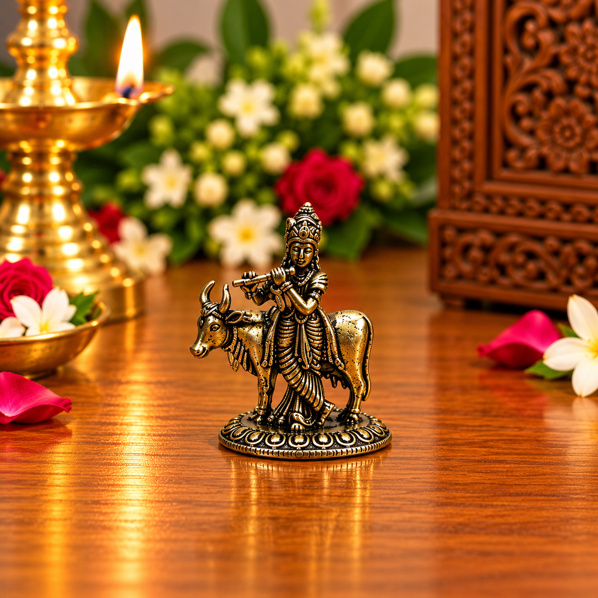 Detailed antique-finish Shri Krishna and cow idol