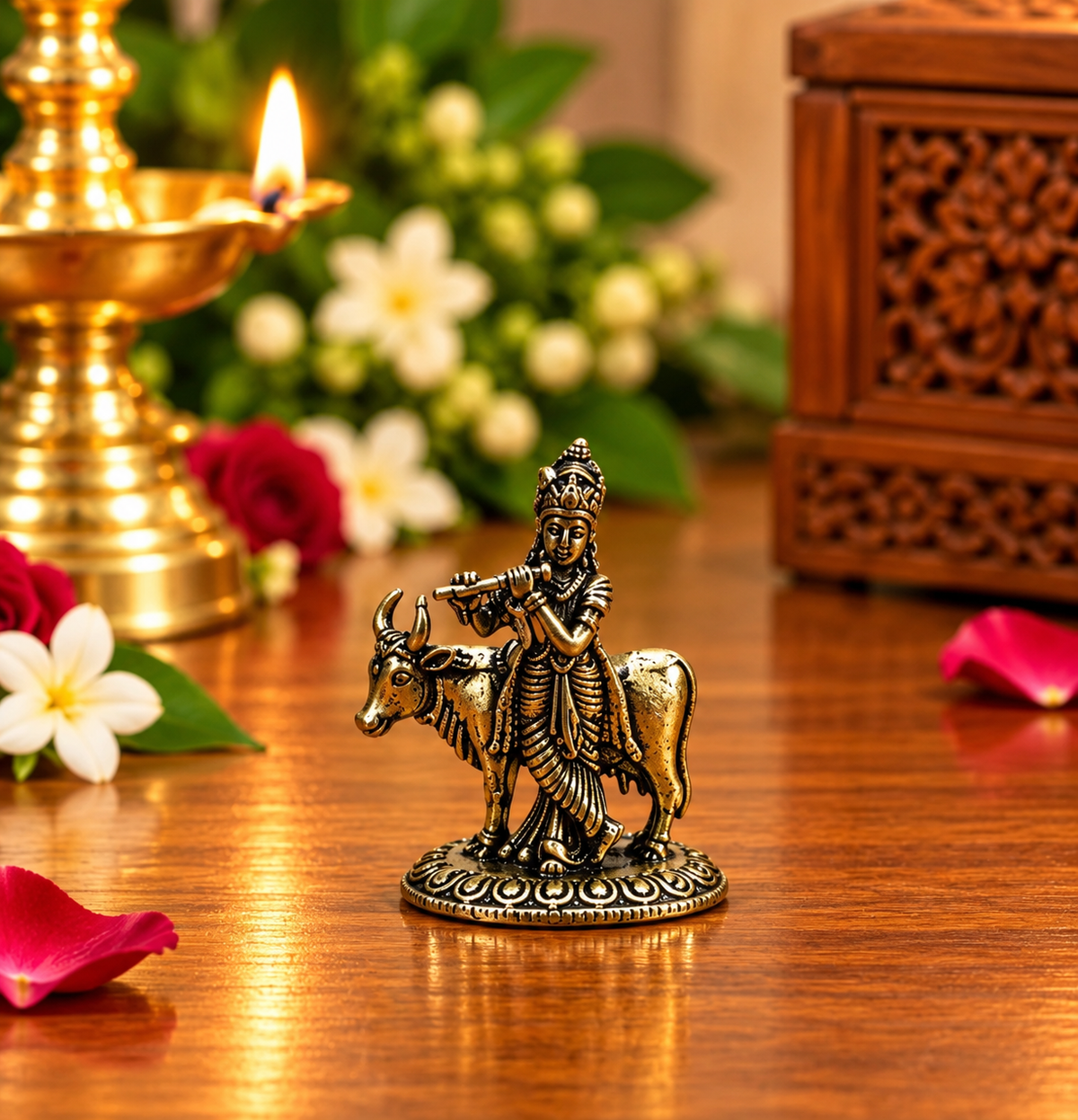 Antique-finish Shri Krishna playing flute with cow, front view