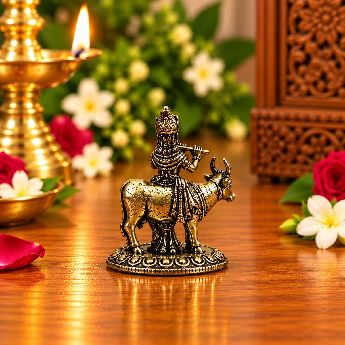 Rear detail of antique-finish Shri Krishna and cow idol