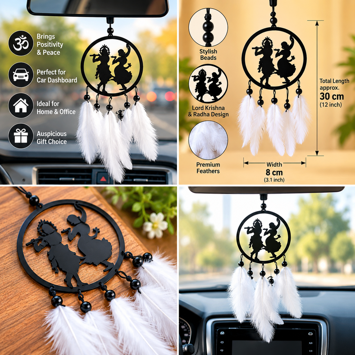 Four-panel advertisement collage for Radha Krishna feather dreamcatcher car hanging