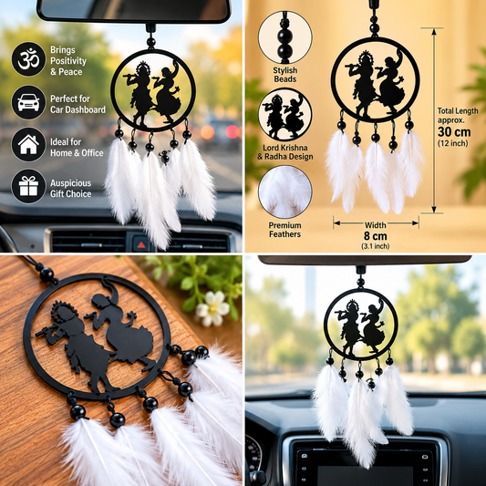 Four-panel advertisement collage for Radha Krishna feather dreamcatcher car hanging