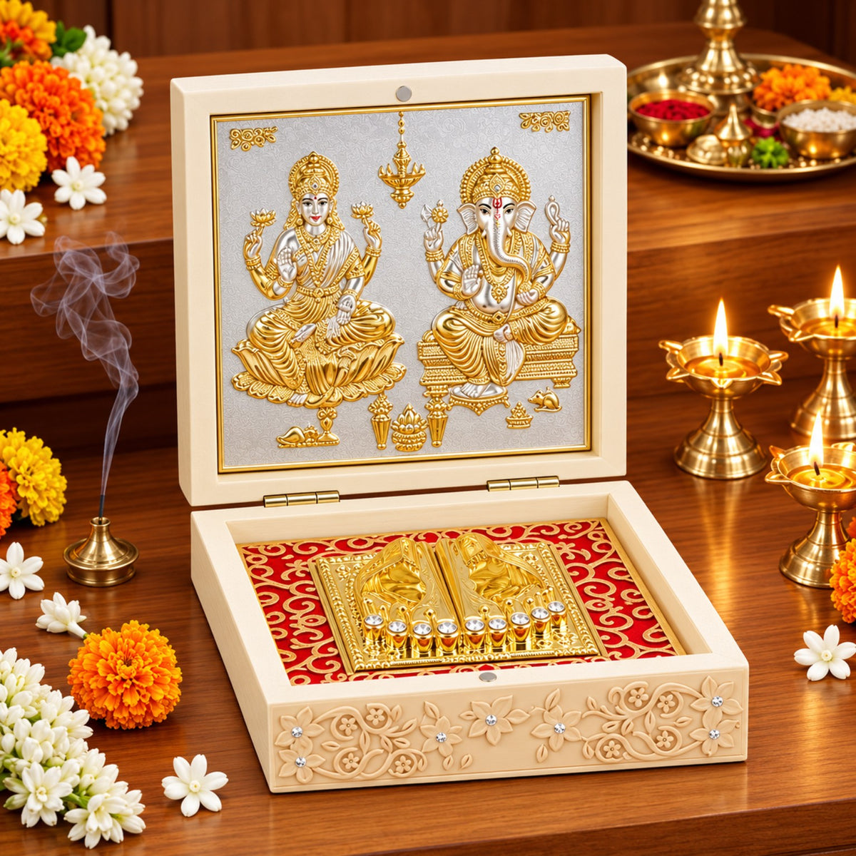 Lakshmi and Ganesha decorative pooja box displayed on a wooden altar table with flowers, incense, and lit diyas