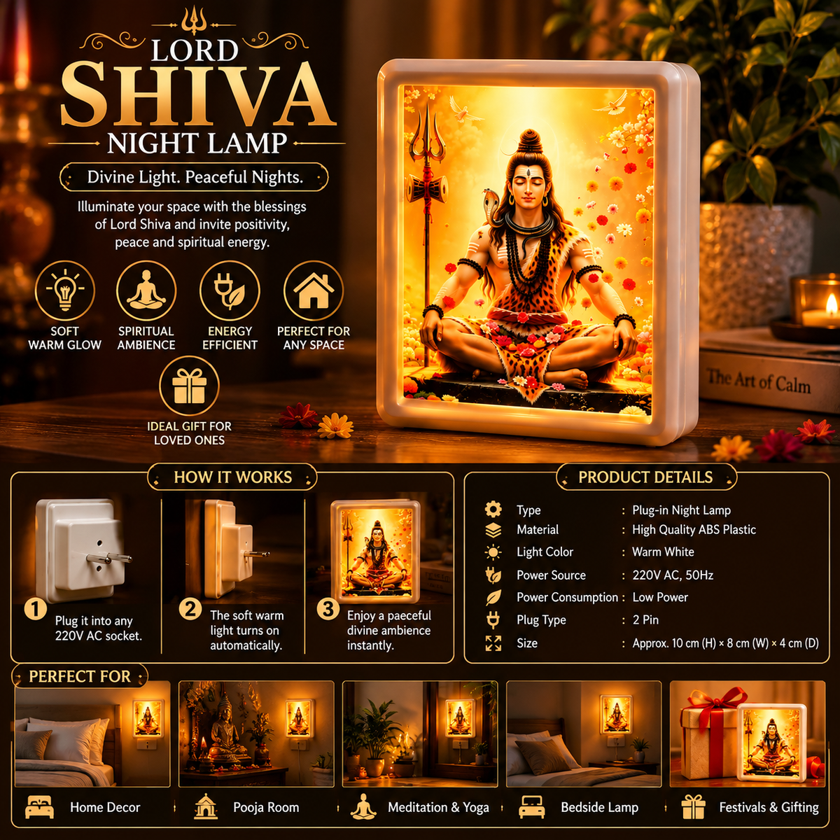 Lord Shiva night lamp features and usage information