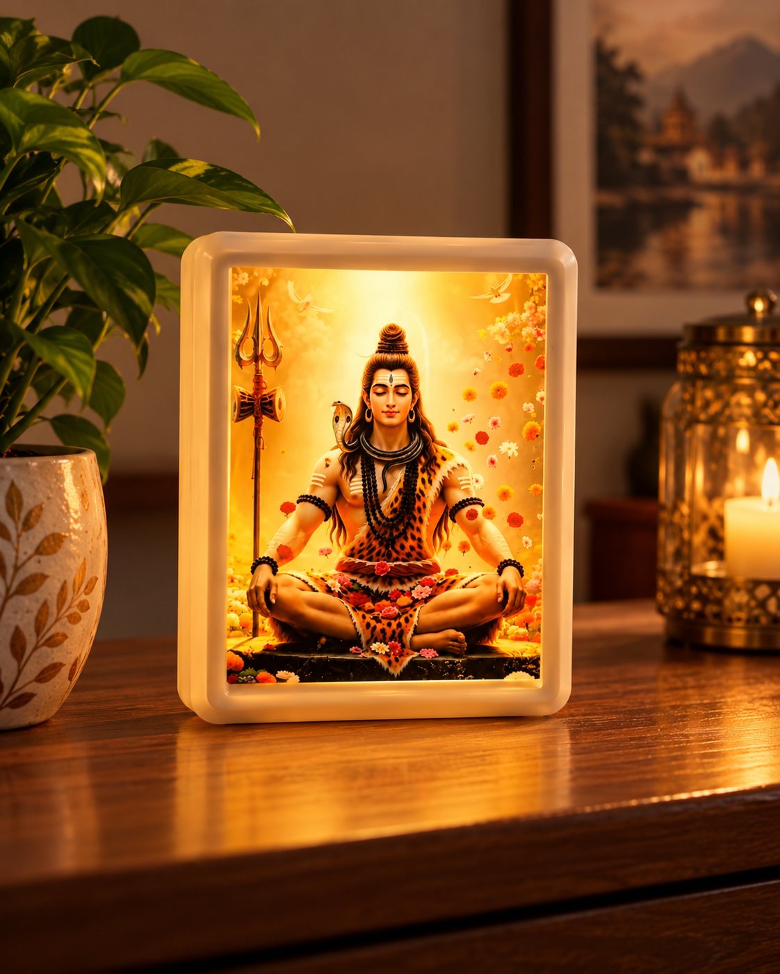 Lord Shiva night lamp displayed on a wooden table