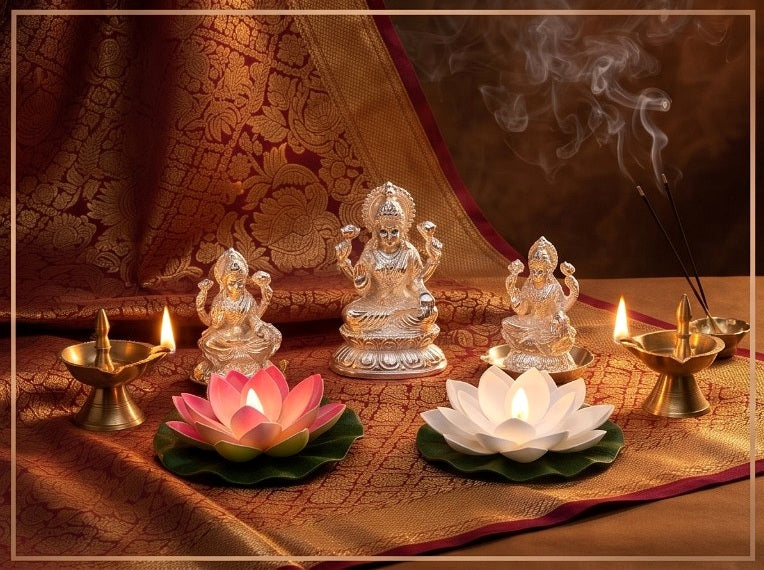 Set of two lotus LED lights styled with devotional décor and warm festive lighting