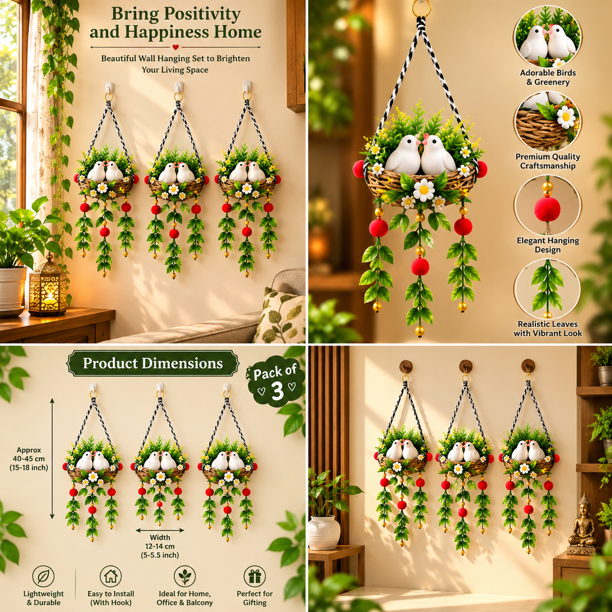 Set of three decorative lovebird nest wall hangings with black-and-white woven baskets, green foliage and red accents
