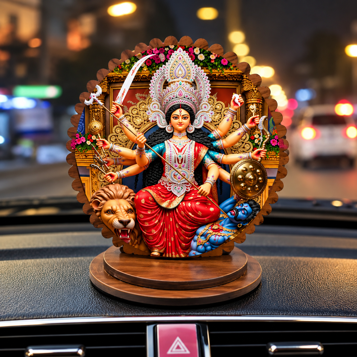 Maa Durga dashboard décor with wooden base displayed on a car dashboard