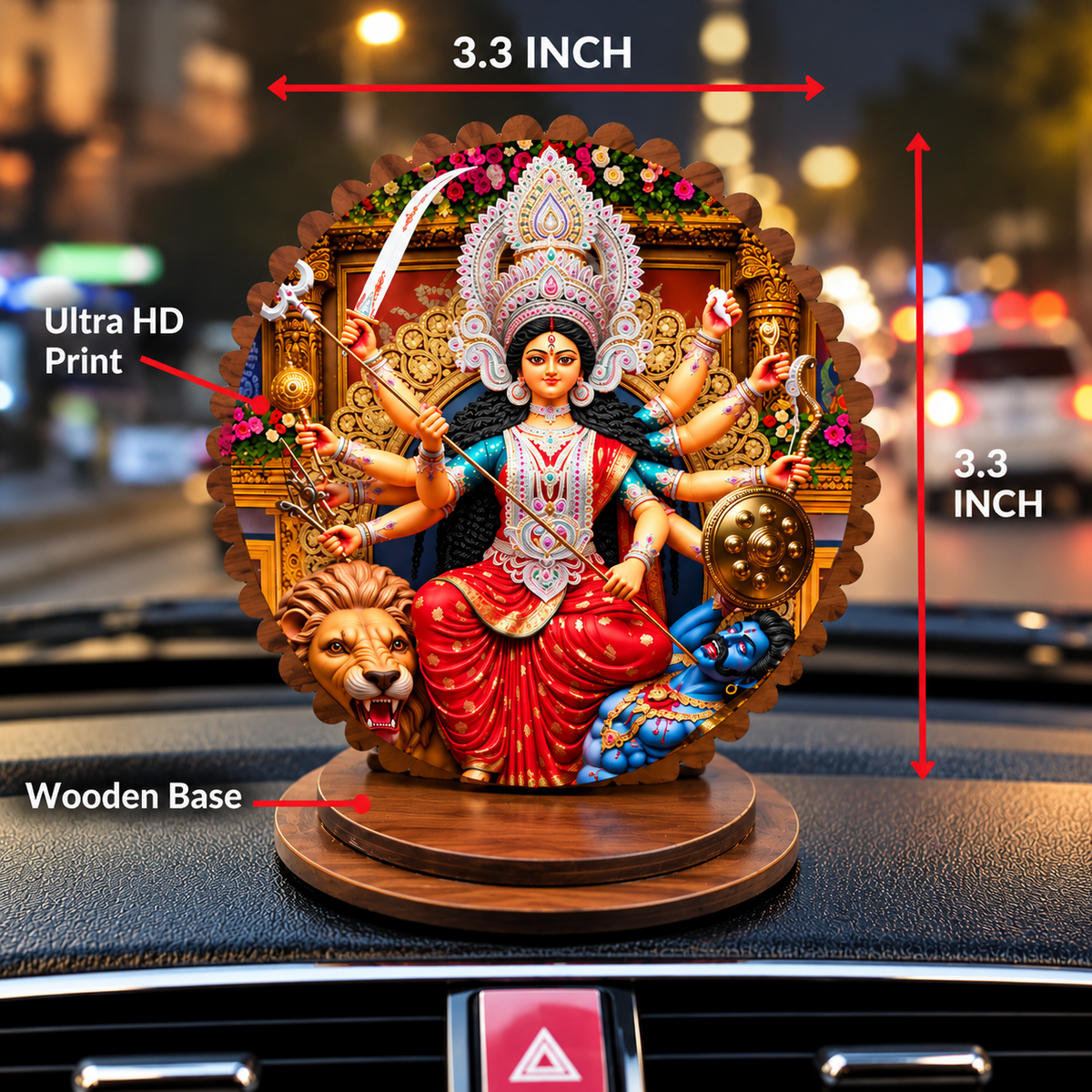 Maa Durga dashboard décor shown on a car dashboard with approximately 3.3 inch dimensions and wooden base