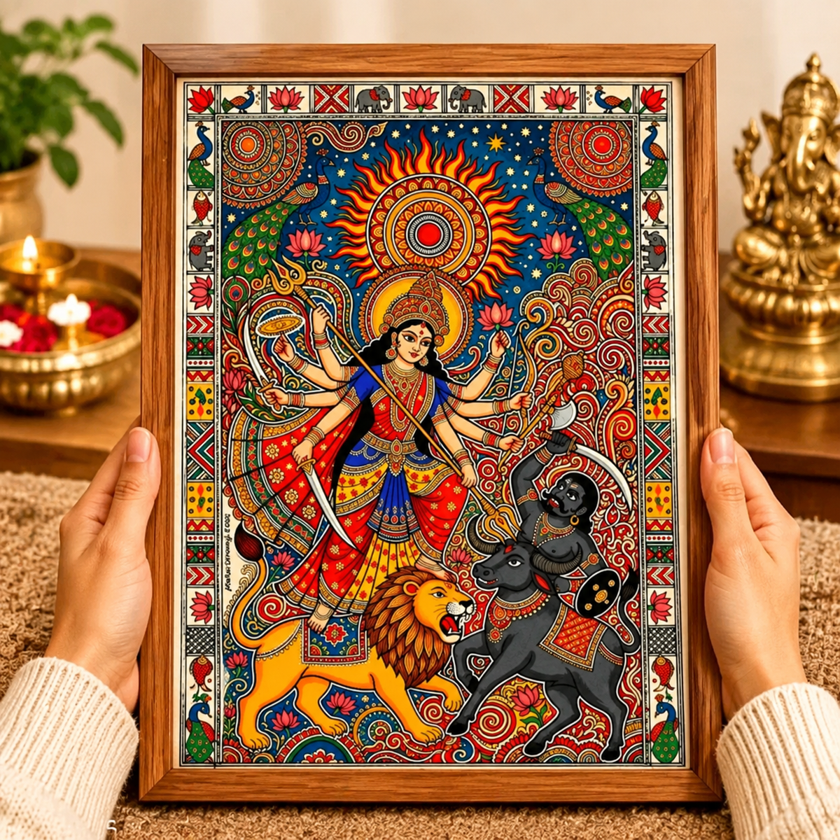 Framed Maa Durga traditional folk-art print shown held in hands as a devotional wall art gift