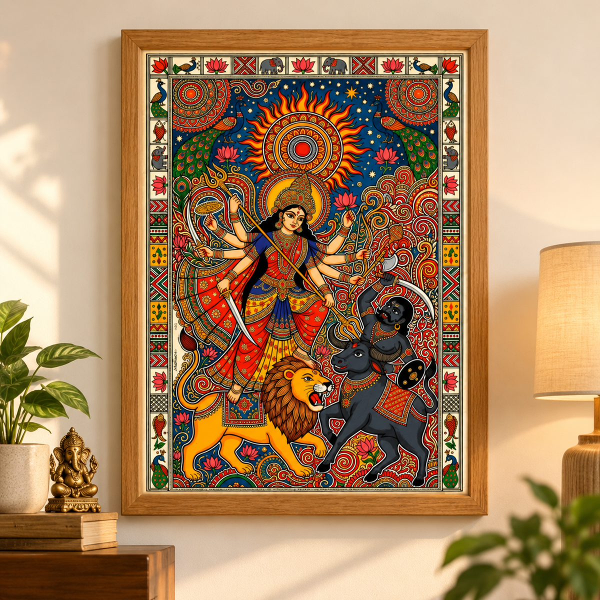 Maa Durga traditional folk-art wall frame displayed in a modern home interior