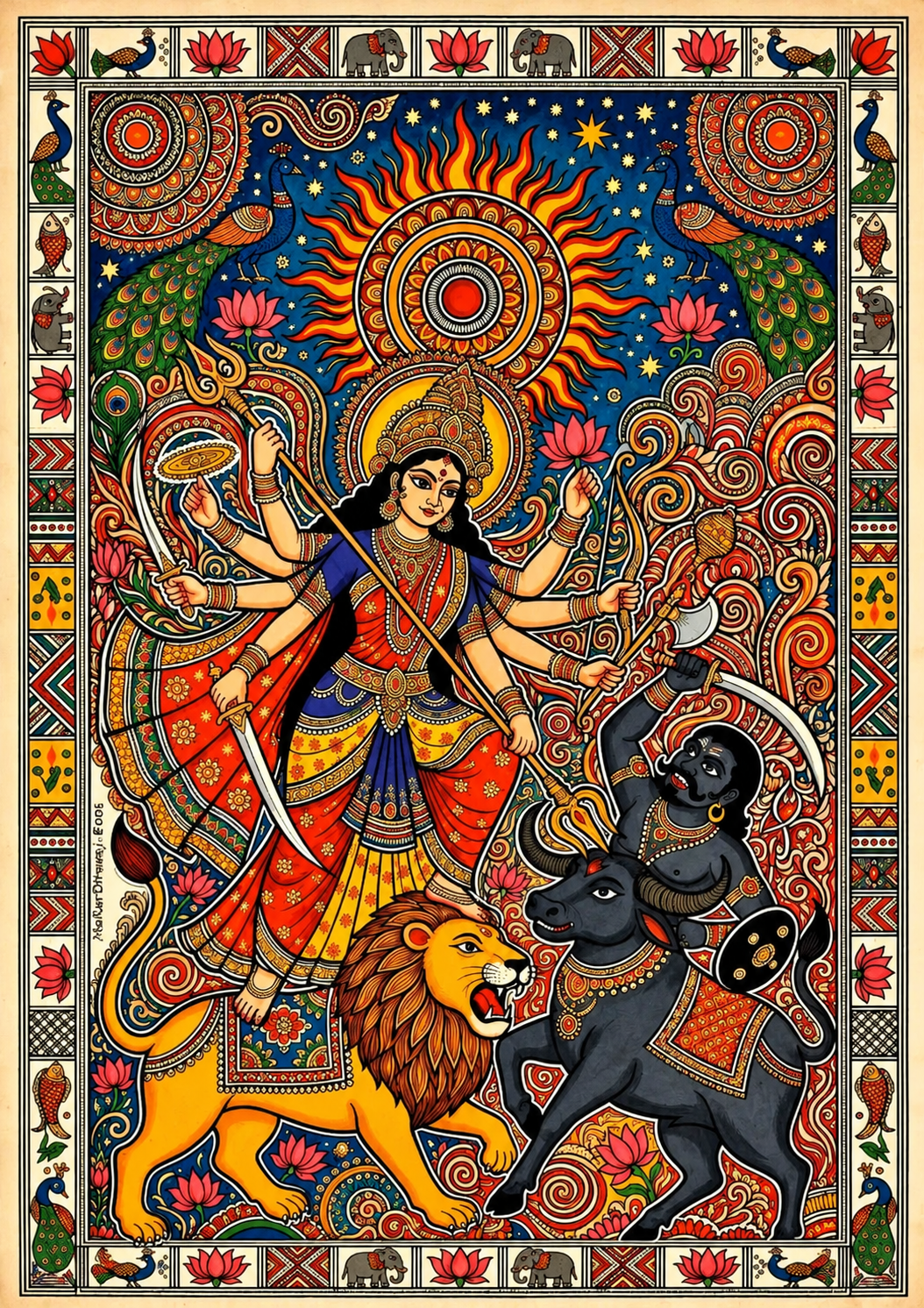 Traditional Indian folk-art style print of Maa Durga with multiple arms and lion, ornate motifs and a radiant sun