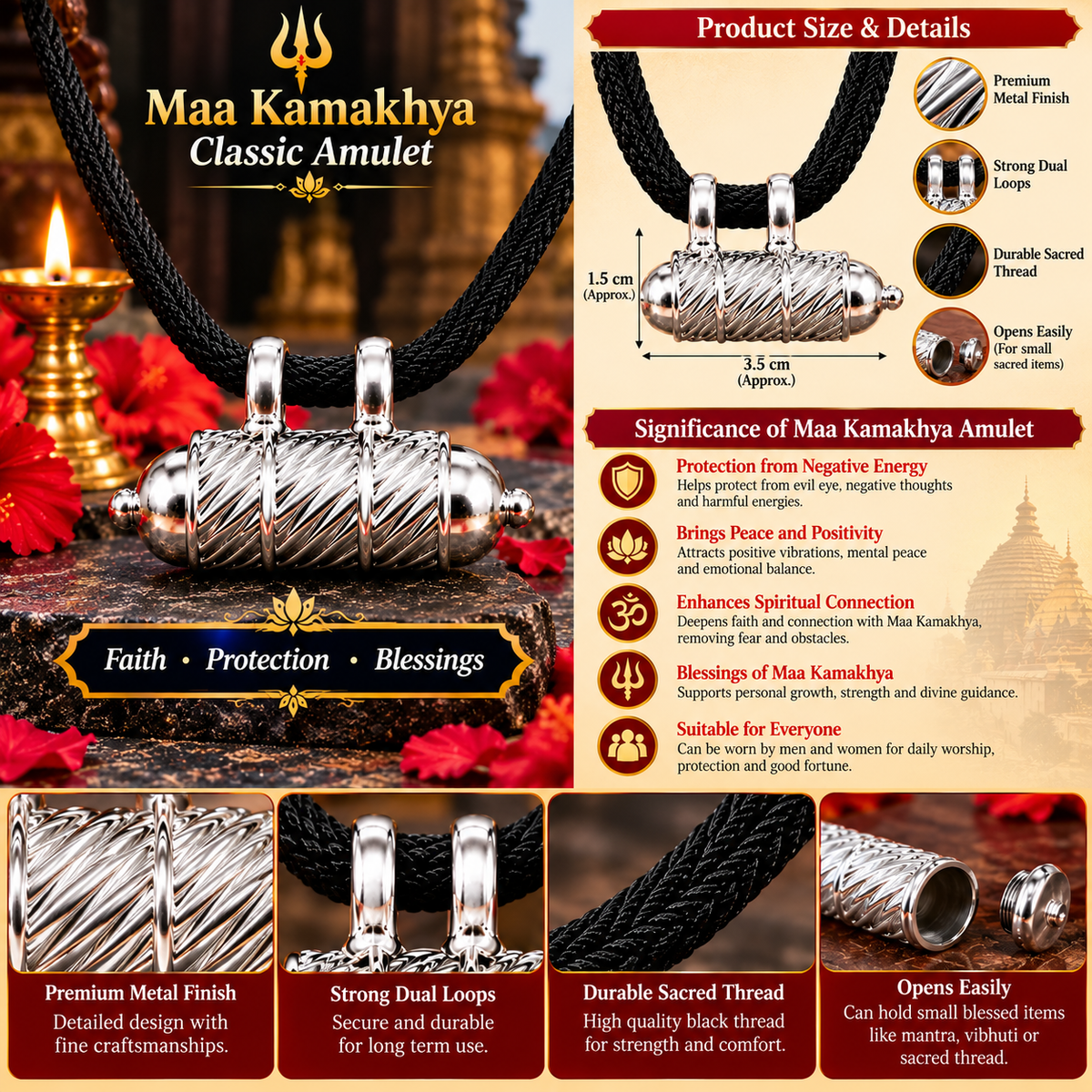 Product details infographic for Maa Kamakhya amulet showing approximate 1.5 by 3.5 cm pendant size and pendant and cord details