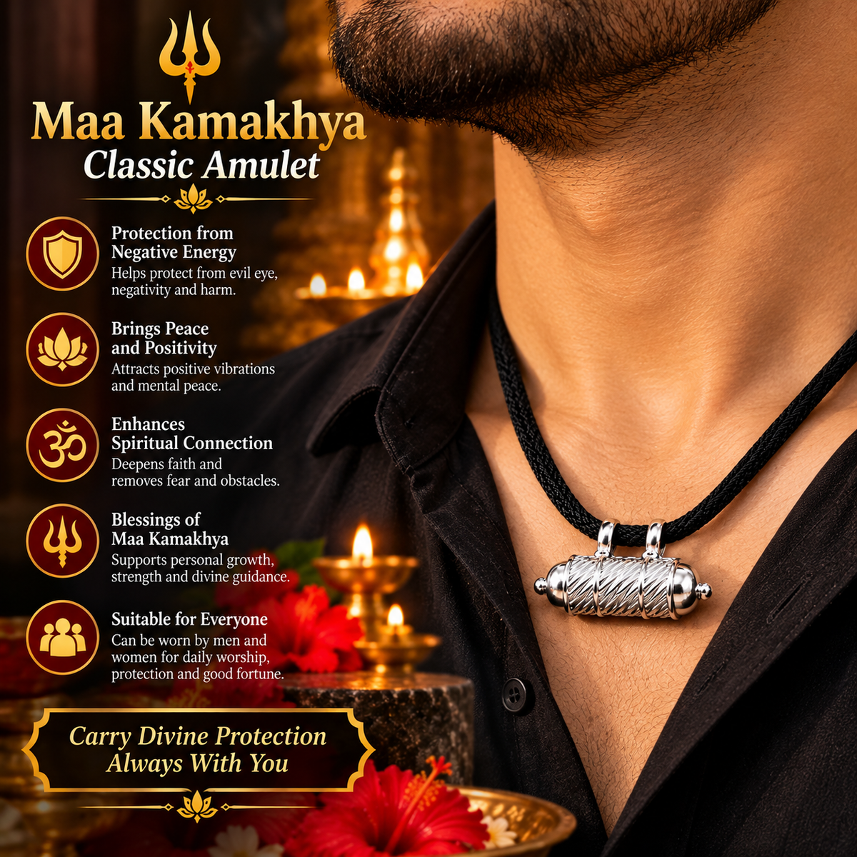 Silver-tone Maa Kamakhya amulet pendant with black braided cord worn around the neck