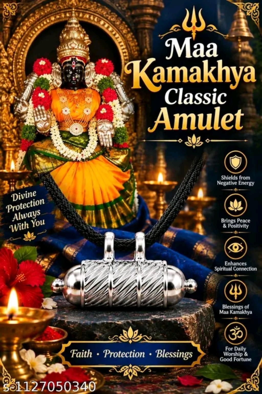 Maa Kamakhya Classic Amulet with a silver-tone cylindrical pendant and black braided cord shown in a devotional product display