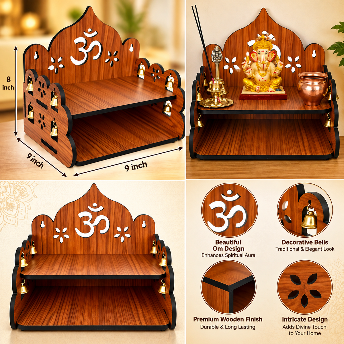 Four-panel advertisement collage of a wooden Om puja mandir with decorative bells