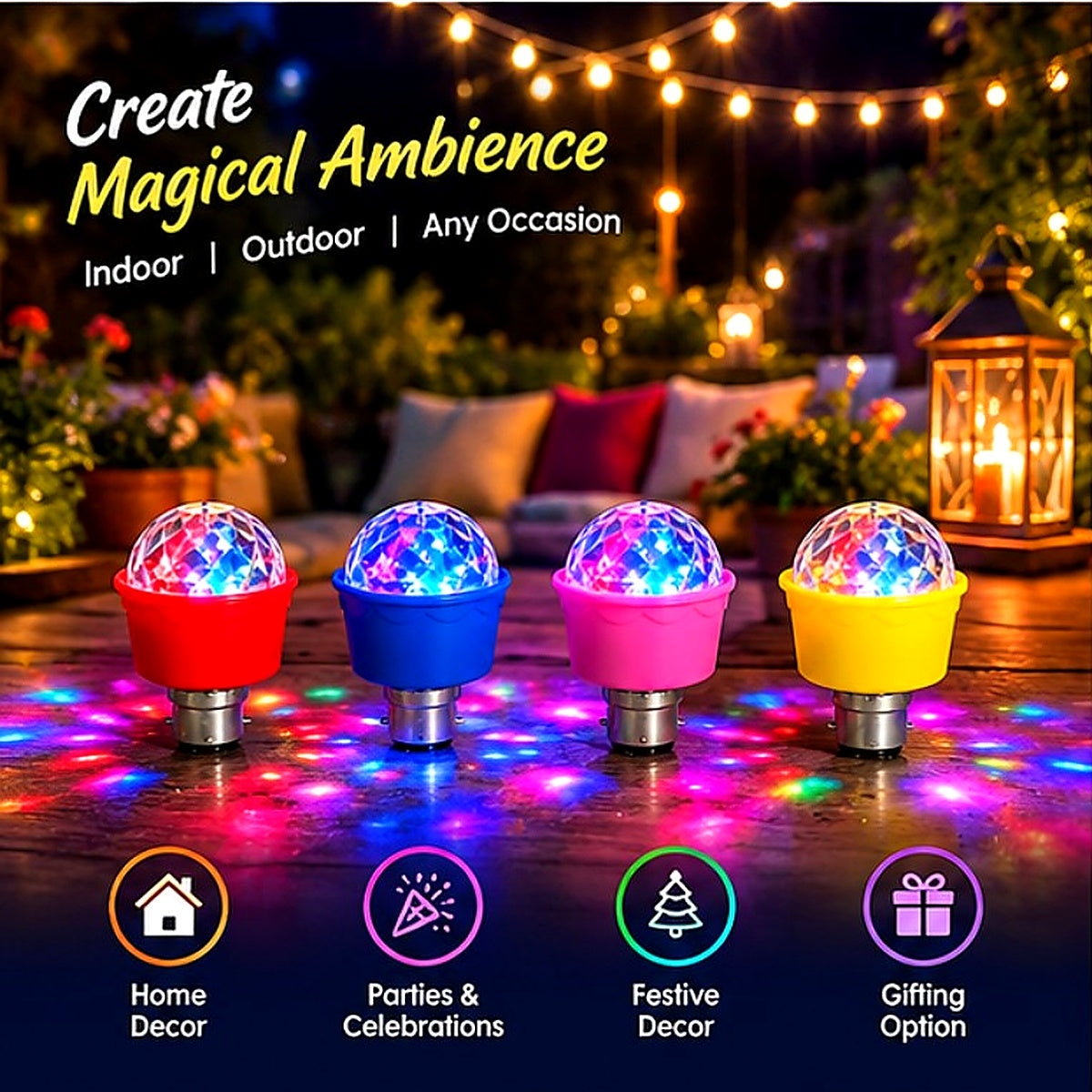 Multicolor LED lights set of four — festive ambient lighting