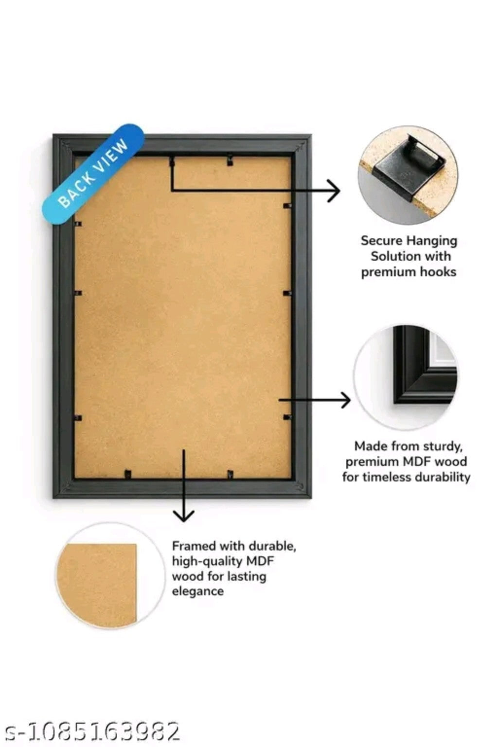 Back of the black landscape photo frame showing wall hanging hooks