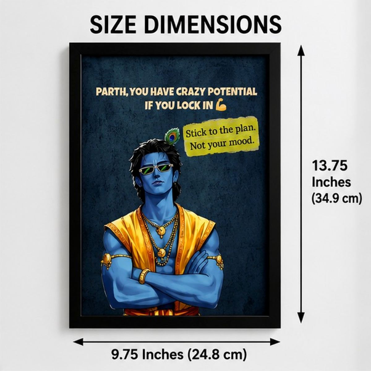 Product dimensions panel for black framed Krishna motivational wall art, approximately 9.75 by 13.75 inches