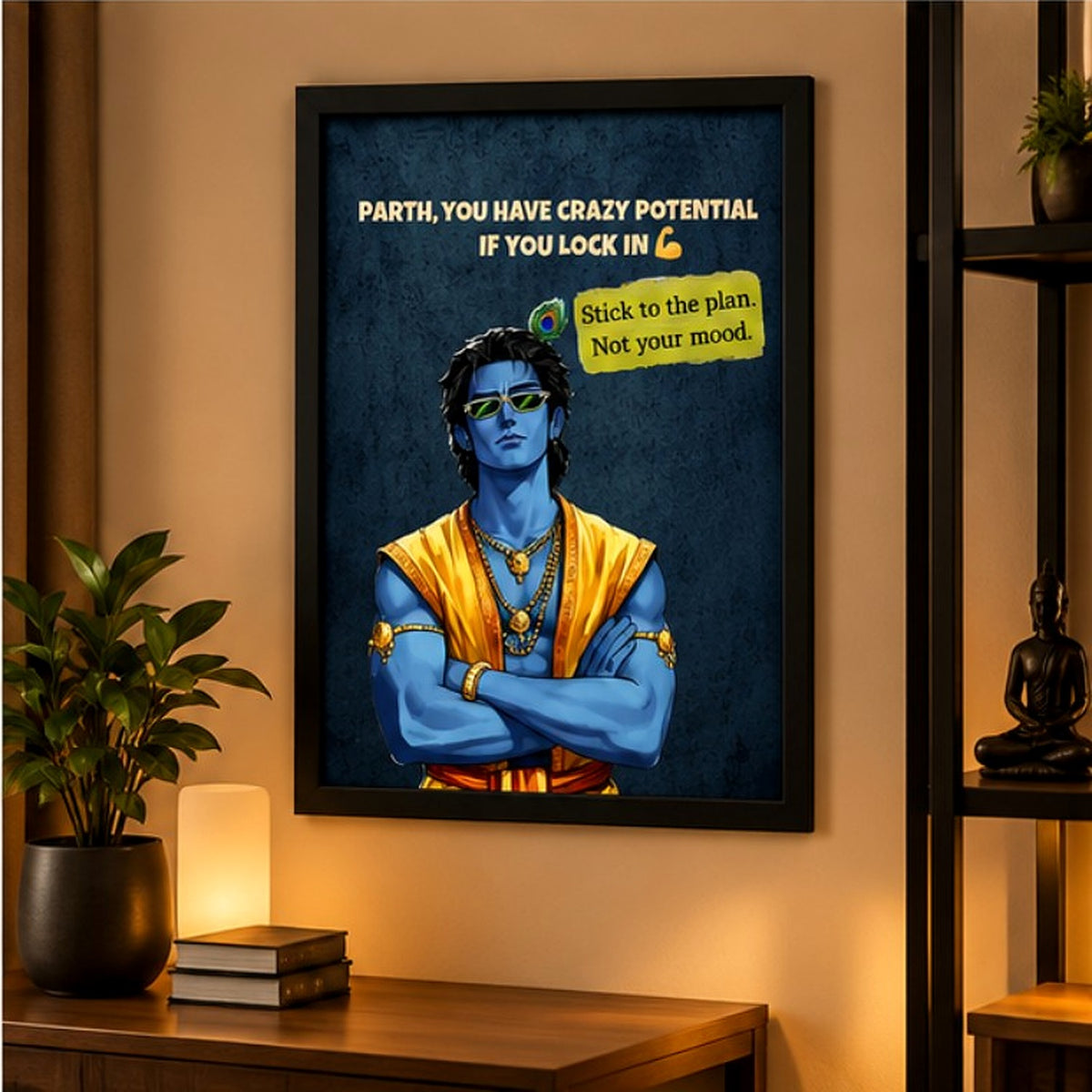 Black framed Krishna motivational poster displayed in a modern home interior