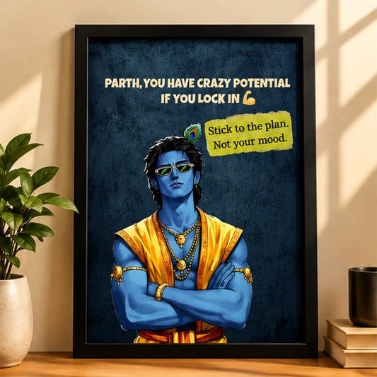 Main product photo of the black framed Krishna motivational poster with the message Stick to the plan, not your mood