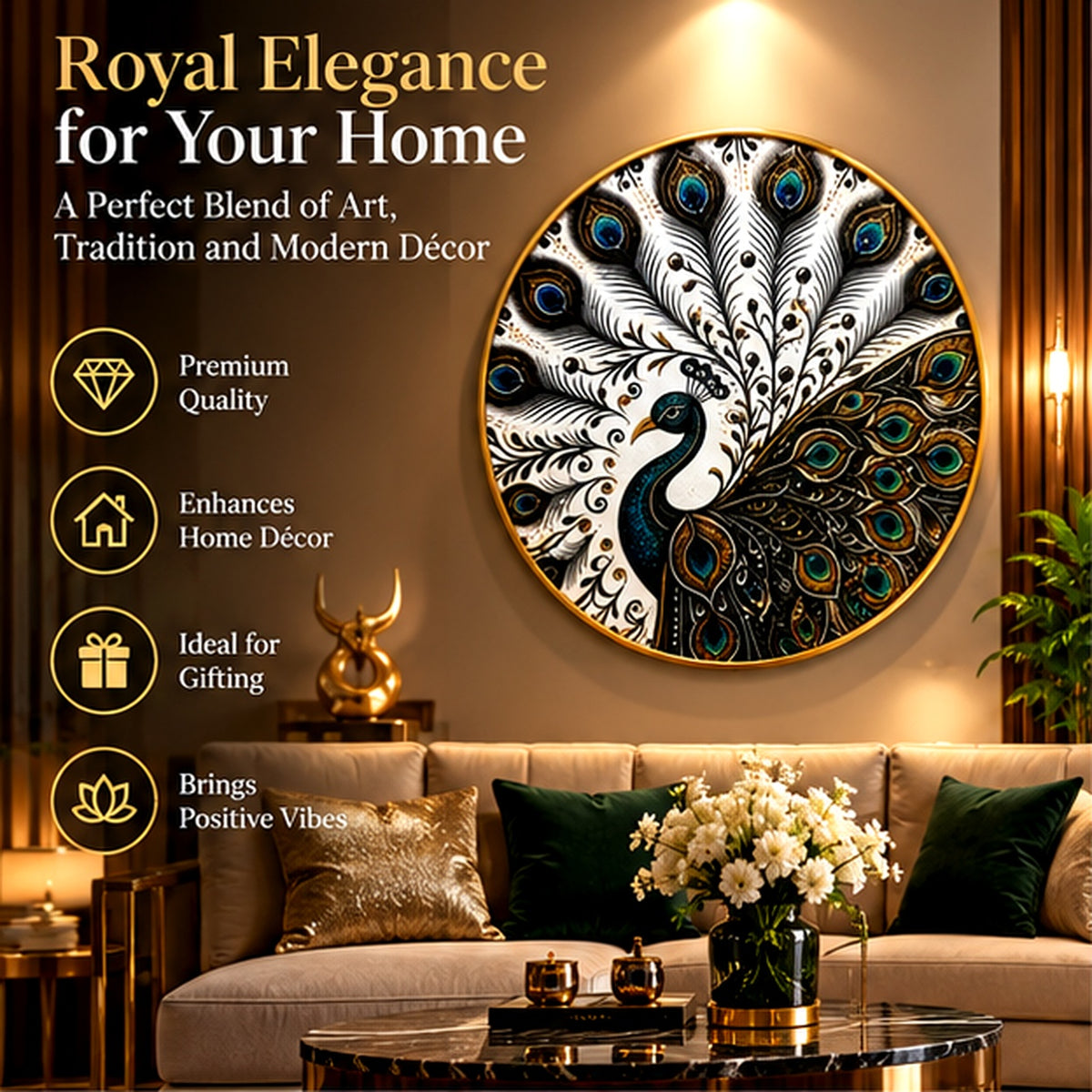 Peacock wall art lifestyle view in an elegant living room