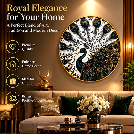 Peacock wall art lifestyle view in an elegant living room