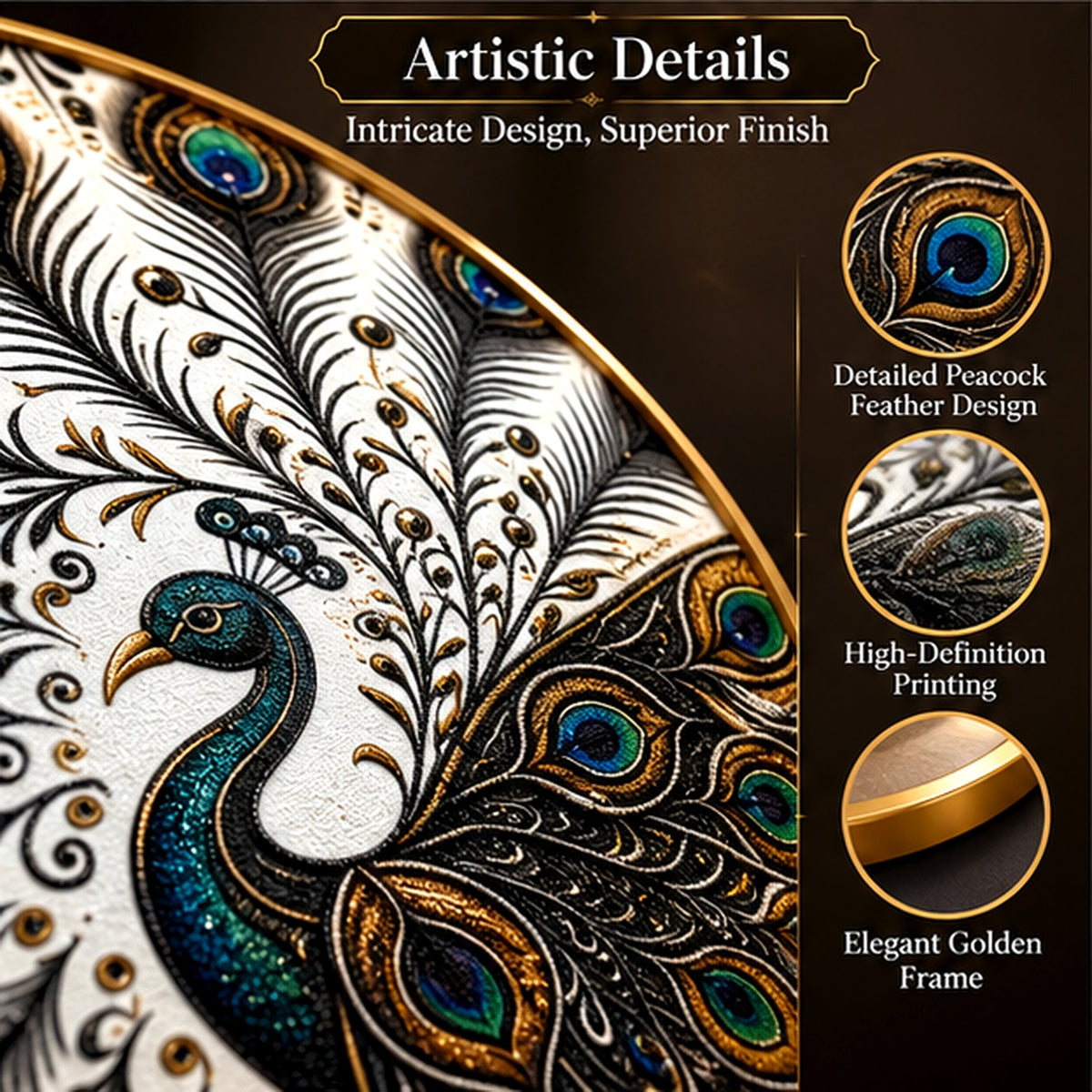 Close-up of the detailed peacock feather artwork