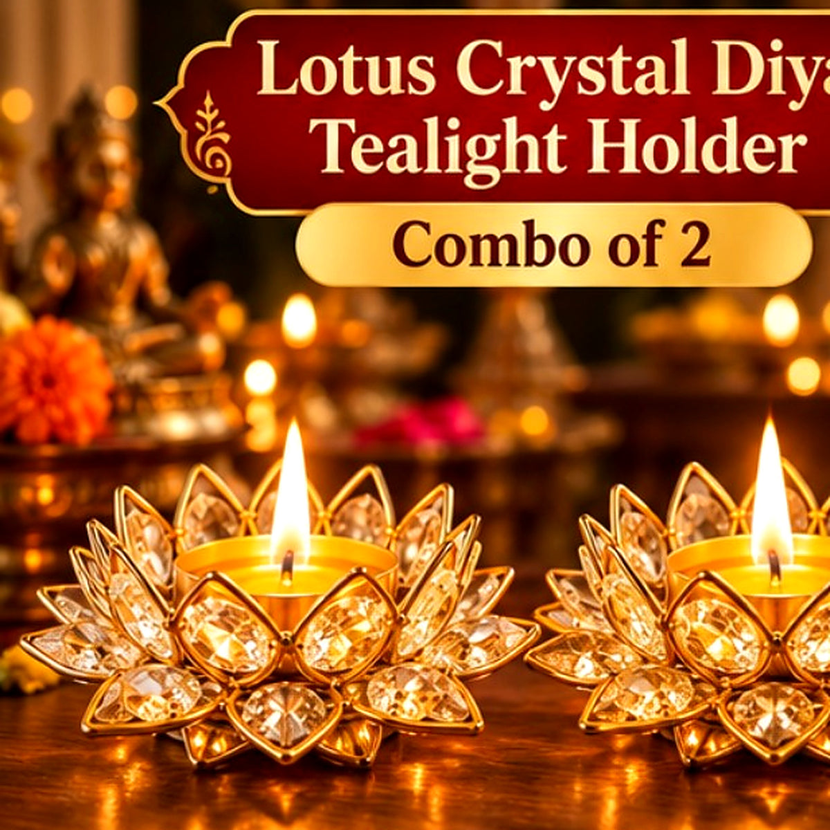 Lotus crystal diya tealight holder combo of two — main product view