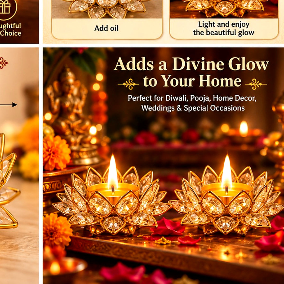 Lotus crystal diya tealight holders — festive home décor