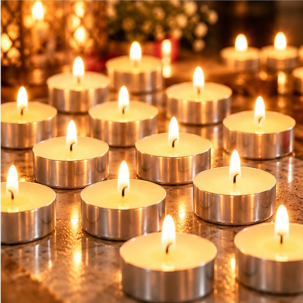 Close-up of glowing Prince tealight candles