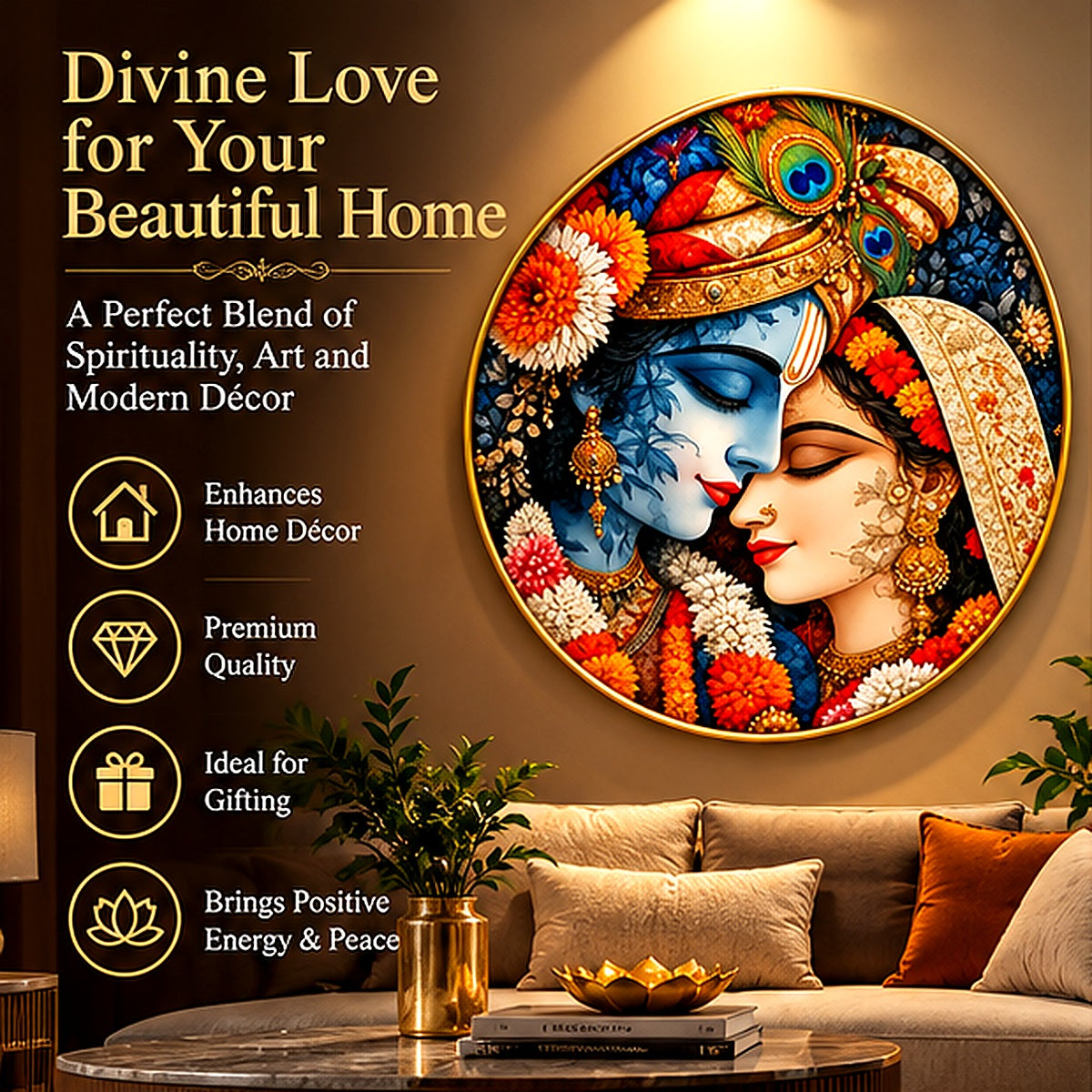 Radha Krishna round wall art displayed in a warm living room